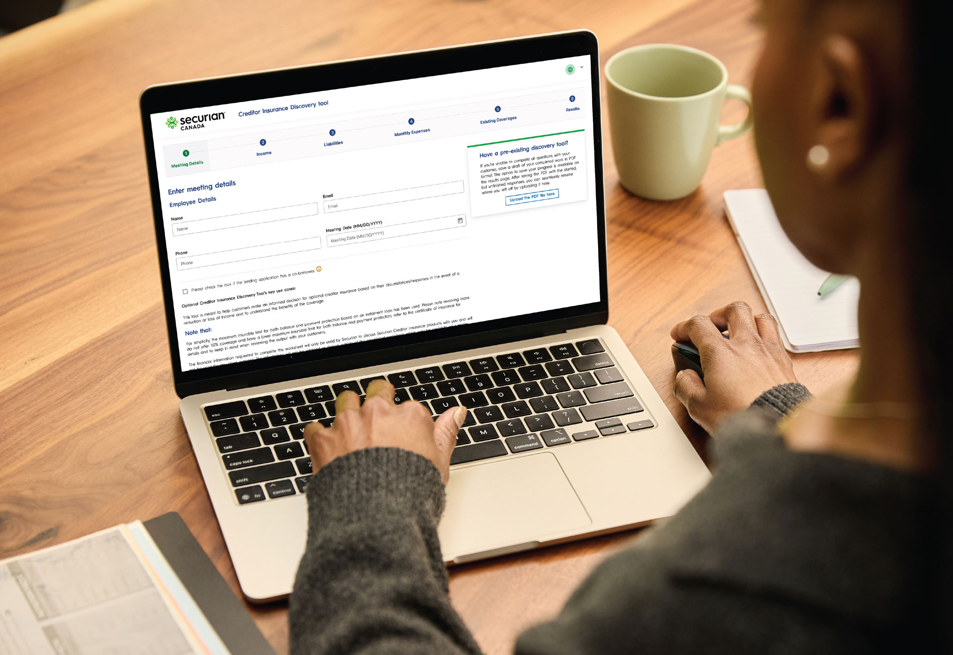 Person typing into a field of the Securian Canada Creditor Insurance Digital Discovery Tool.