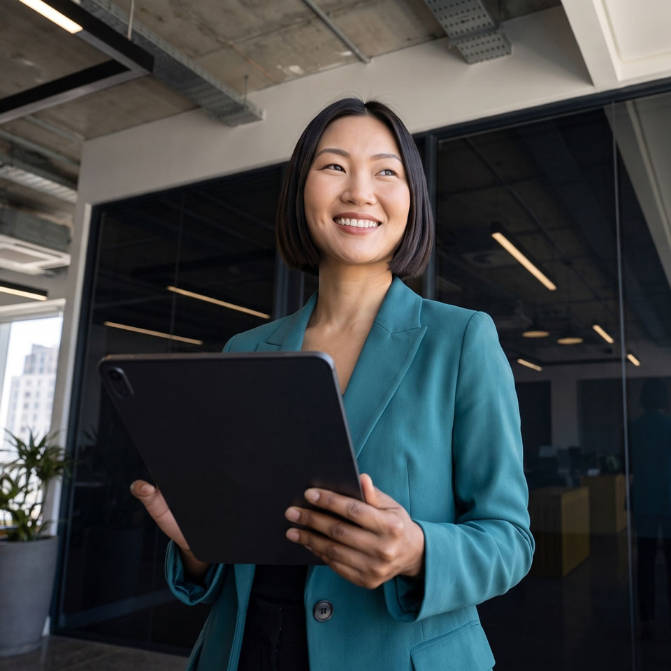 Business professional in a green blazer smiles while holding a tablet.